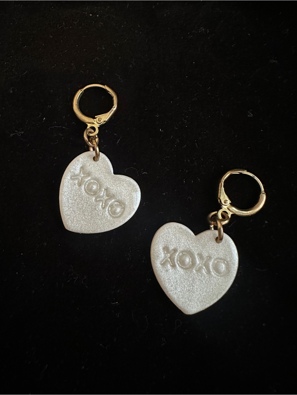Gold Hoop Earrings with White 'XOXO' Heart Charms
